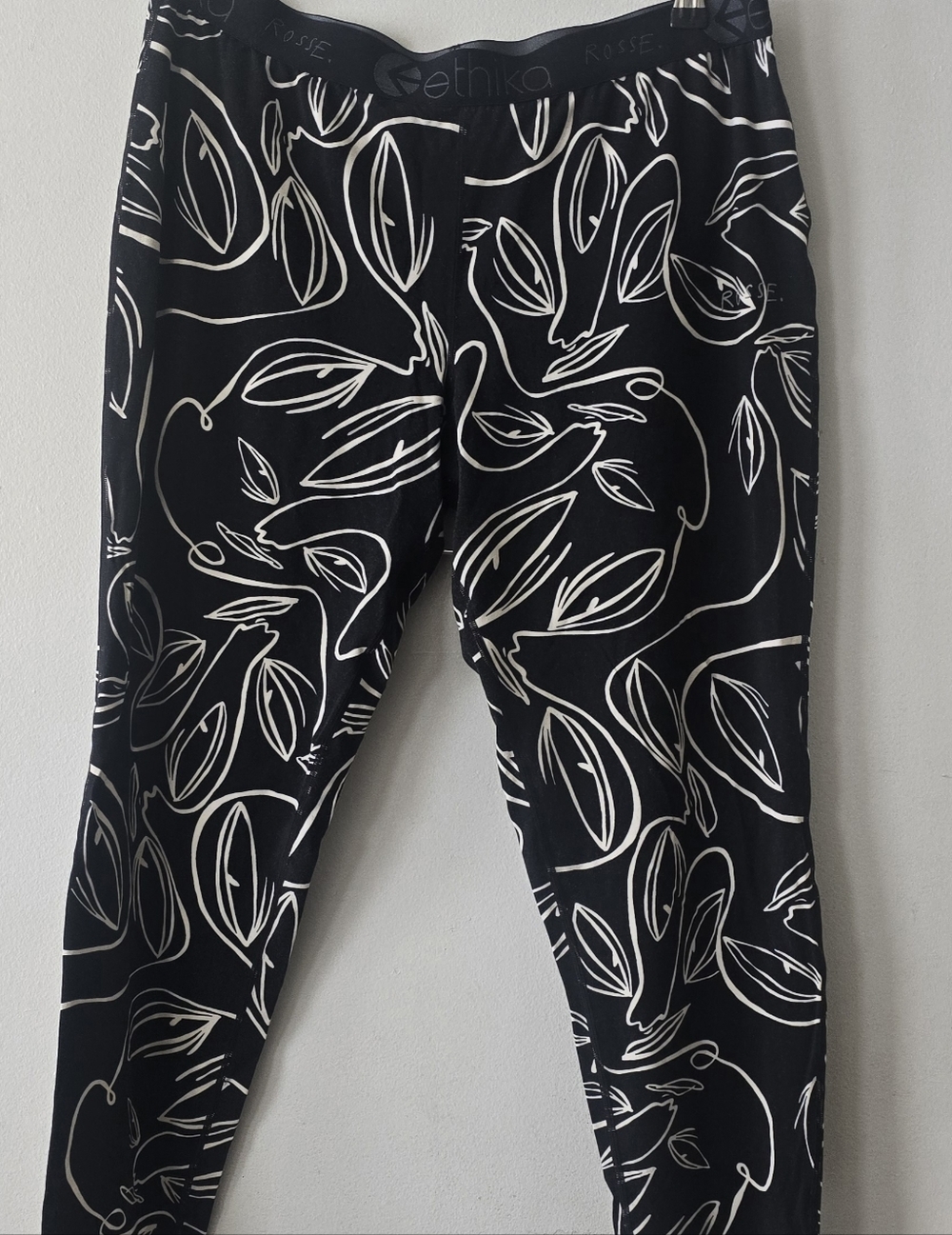 Womens Ethika Black Leggings with White Leaf Outline Print